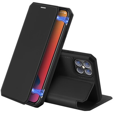 DUX DUCIS SKIN X telefontok álló, bőr hatású (flip, oldalra nyíló, asztali tartó, vezeték nélküli töltés támogatás), Fekete [Apple iPhone 12 Pro Max]