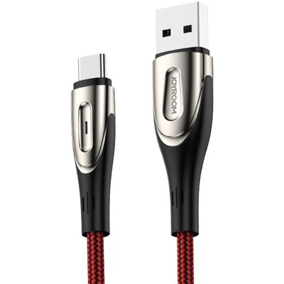 JOYROOM S-M411_R_TYPE-C200 adatkábel és töltő (USB - Type-C, 200cm, nylon, törésgátló, gyorstöltés támogatás, cipőfűző minta), Piros
