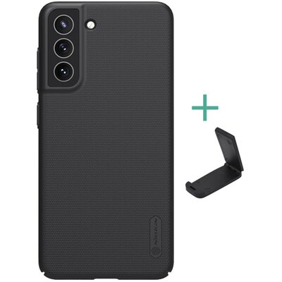 NILLKIN SUPER FROSTED műanyag hátlapvédő telefontok (gumírozott, érdes felület + asztali tartó), Fekete [Samsung Galaxy S21 FE (SM-G990)]