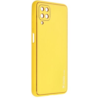 Forcell Leather elegáns szilikon hátlapvédő telefontok, bőrhatású borítás + arany szegély - Samsung Galaxy A22 5G, Sárga