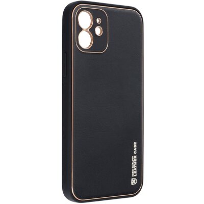 Forcell Leather elegáns szilikon hátlapvédő telefontok, bőrhatású borítás + arany szegély - iPhone 13, Fekete
