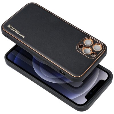 Forcell Leather elegáns szilikon hátlapvédő telefontok, bőrhatású borítás + arany szegély - Samsung Galaxy A22 5G, Fekete