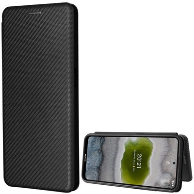 Telefontok álló, bőr hatású (flip, oldalra nyíló, asztali tartó funkció, karbon minta), Fekete [Nokia X10, Nokia X20]