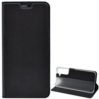 Telefontok álló, bőr hatású (flip, asztali tartó funkció, oldalra nyíló), Fekete [Samsung Galaxy S21 FE (SM-G990)]