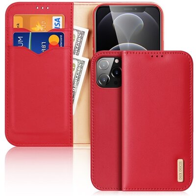 DUX DUCIS HIVO telefontok álló, bőr (flip, oldalra nyíló, bankkártya tartó, asztali tartó funkció), Piros [Apple iPhone 13 Pro Max]