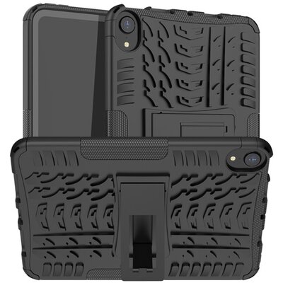 Defender műanyag tablet hátlap védőtok (közepesen ütésálló, szilikon belső, kitámasztó, autógumi minta), Fekete [Apple IPAD mini 6 (2021)]