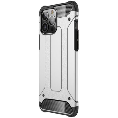 Defender műanyag hátlapvédő telefontok (közepesen ütésálló, légpárnás sarok, szilikon belső, fémhatás), Ezüst [Apple iPhone 13 Pro Max]