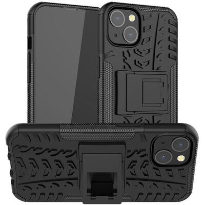 Defender műanyag hátlapvédő telefontok (közepesen ütésálló, szilikon belső, kitámasztó, autógumi minta), Fekete [Apple iPhone 13]