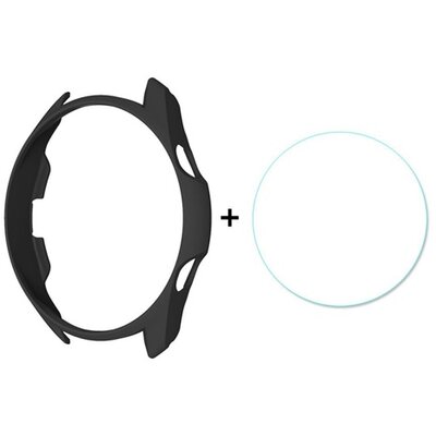 ENKAY műanyag keret (BUMPER, ütésálló + kijelzővédő üvegfólia), Fekete [Samsung Galaxy Watch 3 45mm (SM-R840)]