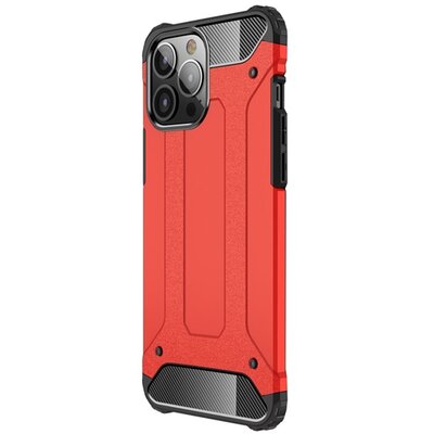 Defender műanyag hátlapvédő telefontok (közepesen ütésálló, légpárnás sarok, szilikon belső, fémhatás), Piros [Apple iPhone 13 Pro Max]