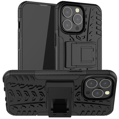 Defender műanyag hátlapvédő telefontok (közepesen ütésálló, szilikon belső, kitámasztó, autógumi minta), Fekete [Apple iPhone 13 Pro]