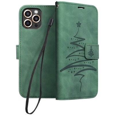 Forcell Mezzo oldalra nyíló flipes telefontok, bőrhatású, nyomott mintával - Samsung Galaxy A02s, Karácsonyfa minta, Zöld