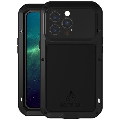 LOVE MEI Powerful defender hátlapvédő telefontok (fém keret, extrém ütésálló, cseppálló, porálló + Gorilla Glass üveg), Fekete [Apple iPhone 13 Pro]