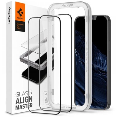 SPIGEN ALM FC kijelzővédő üvegfólia 2db (2.5D, ujjlenyomatmentes, karcálló, 9H, ultravékony, színkiemelés), Fekete [Apple iPhone 13 Pro Max]
