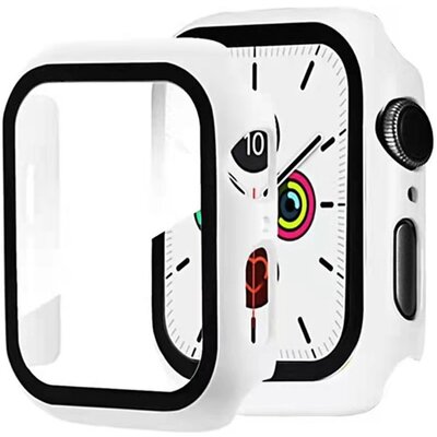 Okosóra műanyag védőkeret (Bumper, ütésálló + kijelzővédő üveg), Fehér [Apple Watch Series 7 41mm]