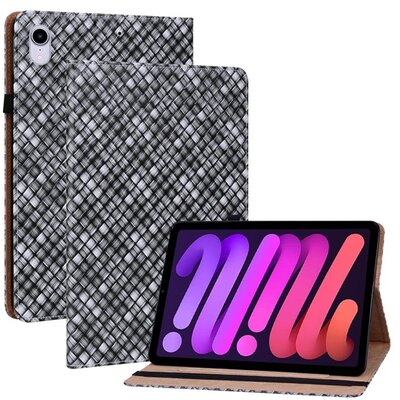 Tablet védőtok álló, bőr hatású (Flip, oldalra nyíló, asztali tartó funkció, fonott minta), Fekete [Apple IPAD mini 6 (2021)]