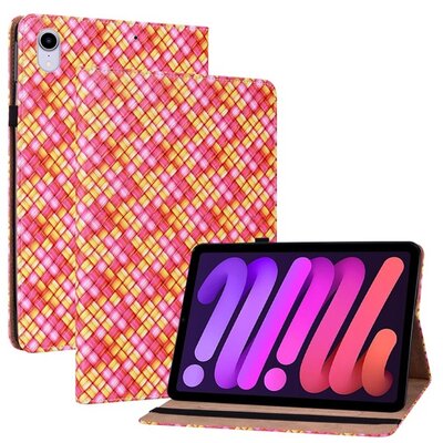 Tablet védőtok álló, bőr hatású (Flip, oldalra nyíló, asztali tartó funkció, fonott minta), Rózsaszín [Apple IPAD mini 6 (2021)]