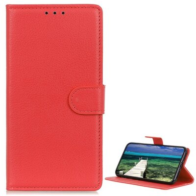 Telefontok álló, bőr hatású (flip, oldalra nyíló, asztali tartó funkció, prémium), Piros [Samsung Galaxy S22+ Plus 5G (SM-S906)]