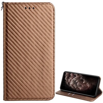 Telefontok álló, bőr hatású (flip, oldalra nyíló, asztali tartó funkció, karbon minta), Barna [Samsung Galaxy A52 5G (SM-A526F)]