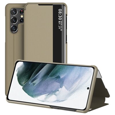 Telefontok álló, bőr hatású (flip, oldalra nyíló, asztali tartó funkció, hívószámkijelzés, View Window) VILÁGOSBARNA [Samsung Galaxy S22 Ultra 5G (SM-S908)]