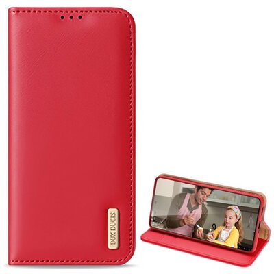 DUX DUCIS HIVO telefontok álló, valódi bőr (flip, oldalra nyíló, asztali tartó funkció, bankkártya tartó, RFID védelem), Piros [Samsung Galaxy S22+ Plus 5G (SM-S906)]