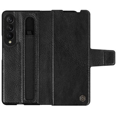 NILLKIN AOGE műanyag hátlapvédő telefontok (valódi bőr hátlap, mikrofiber plüss belső, S Pen tartó), Fekete [Samsung Galaxy Z Fold3 5G (SM-F926)]
