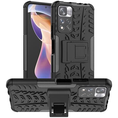 Defender műanyag hátlapvédő telefontok (közepesen ütésálló, szilikon belső, kitámasztó, autógumi minta), Fekete [Xiaomi Redmi Note 11 Pro]