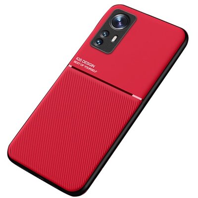 Műanyag hátlapvédő telefontok (szilikon keret, közepesen ütésálló, beépített fémlemez, bőr hatású hátlap, csíkos minta), Piros [Xiaomi 12 Pro]