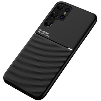 Műanyag hátlapvédő telefontok (szilikon keret, közepesen ütésálló, beépített fémlemez, bőr hatású hátlap, csíkos minta), Fekete [Samsung Galaxy S22 Ultra 5G (SM-S908)]