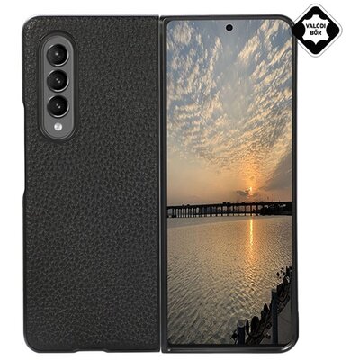 Műanyag hátlapvédő telefontok (valódi bőr bevonat), Fekete [Samsung Galaxy Z Fold3 5G (SM-F926)]