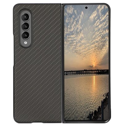 Műanyag hátlapvédő telefontok (bőr hatású, szilikon betét, karbon minta), Fekete [Samsung Galaxy Z Fold3 5G (SM-F926)]
