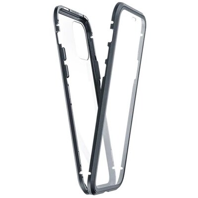 Alumínium előlap és hátlapvédő telefontok (360°-os védelem, mágneses, közepesen ütésálló, edzett üveg előlap, hátlap, 9H), Fekete [Apple iPhone 13 Pro]