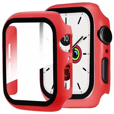 Műanyag okosóra védőkeret (Bumper, ütésálló + kijelzővédő üvegfólia), Piros [Apple Watch Series 7 41mm]