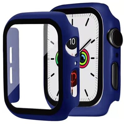 Műanyag okosóra védőkeret (Bumper, ütésálló + kijelzővédő üvegfólia), Sötétkék [Apple Watch Series 7 45mm]