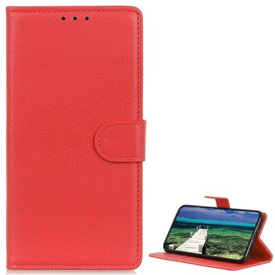 Telefontok álló, bőr hatású (flip, oldalra nyíló, asztali tartó funkció, prémium), Piros [Samsung Galaxy M23 (SM-M236)]