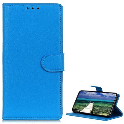 Telefontok álló, bőr hatású (flip, oldalra nyíló, asztali tartó funkció, prémium), Világoskék [Samsung Galaxy M23 (SM-M236)]