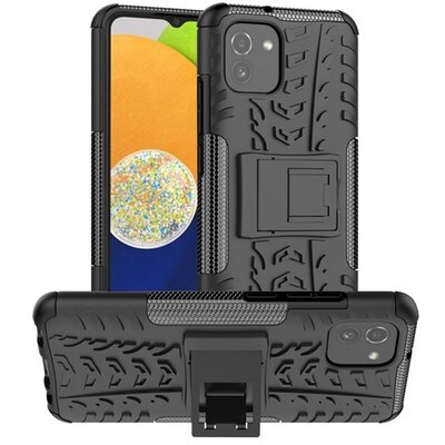 Defender műanyag hátlapvédő telefontok (közepesen ütésálló, szilikon belső, kitámasztó, autógumi minta), Fekete [Samsung Galaxy A03 (SM-A035)]