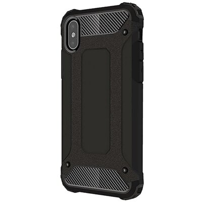 Defender műanyag hátlapvédő telefontok (közepesen ütésálló, légpárnás sarok, szilikon belső, fémhatás, logo kivágás), Fekete [Apple iPhone XS 5.8]