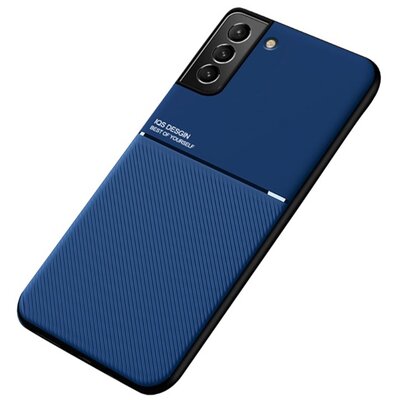 Műanyag hátlapvédő telefontok (szilikon keret, közepesen ütésálló, beépített fémlemez, bőr hatású hátlap, csíkos minta), Sötétkék [Samsung Galaxy S22+ Plus 5G (SM-S906)]