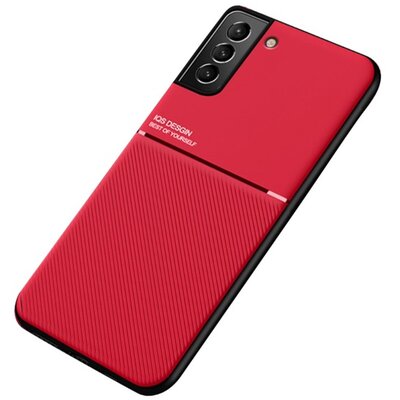 Műanyag hátlapvédő telefontok (szilikon keret, közepesen ütésálló, beépített fémlemez, bőr hatású hátlap, csíkos minta), Piros [Samsung Galaxy S22+ Plus 5G (SM-S906)]