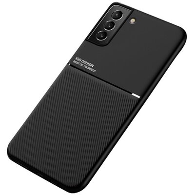 Műanyag hátlapvédő telefontok (szilikon keret, közepesen ütésálló, beépített fémlemez, bőr hatású hátlap, csíkos minta), Fekete [Samsung Galaxy S22+ Plus 5G (SM-S906)]