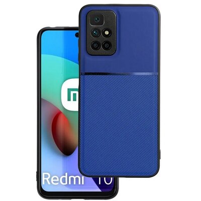 Műanyag hátlapvédő telefontok (szilikon keret, közepesen ütésálló, beépített fémlemez, bőr hatású hátlap, csíkos minta), Sötétkék [Xiaomi Redmi 10 (2021)]