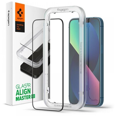 SPIGEN ALM FC kijelzővédő üvegfólia (2.5D, ujjlenyomatmentes, extra karcálló, 9H, ultravékony, 0.3mm, színkiemelés), Fekete [Apple iPhone 13, Apple iPhone 13 Pro]