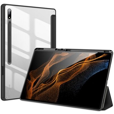 DUX DUCIS TOBY tablet védőtok álló, bőr hatású (aktív flip, oldalra nyíló, Trifold asztali tartó funkció, S-Pen tartó), Fekete [Samsung Galaxy Tab S8 Ultra LTE (SM-X906), Samsung Galaxy Tab S8 Ultra WIFI (SM-X900)]