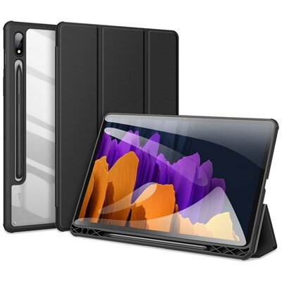 DUX DUCIS TOBY tablet védőtok álló, bőr hatású (aktív flip, oldalra nyíló, Trifold asztali tartó funkció, S-Pen tartó), Fekete [Samsung Galaxy Tab S7 WIFI (SM-T870), Samsung Galaxy Tab S7 LTE (SM-T875)]