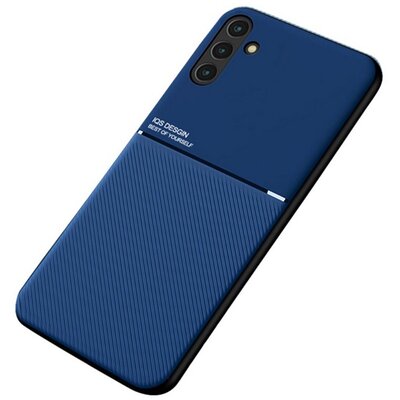 Műanyag hátlapvédő telefontok (szilikon keret, közepesen ütésálló, beépített fémlemez, bőr hatású hátlap, csíkos minta), Sötétkék [Samsung Galaxy A13 5G (SM-A136)]