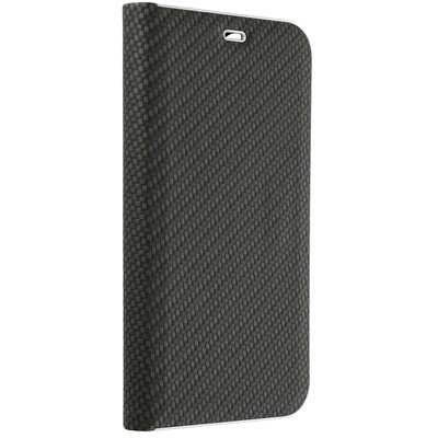 Luna Carbon elegáns karbon mintás flipes oldalra nyíló telefontok, alumínium élekkel - Xiaomi Redmi 10C, Fekete
