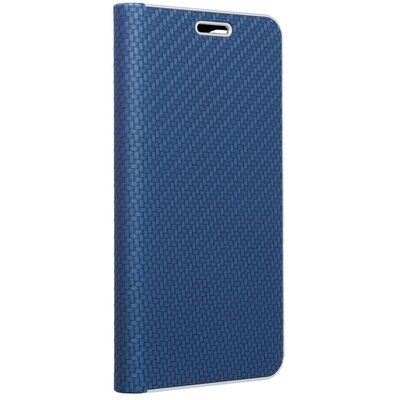 Luna Carbon elegáns karbon mintás flipes oldalra nyíló telefontok, alumínium élekkel - Samsung Galaxy S21 FE, Kék