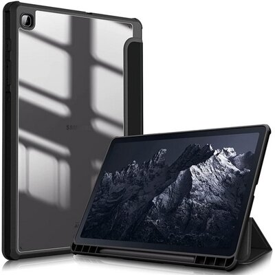 Tablet védőtok álló, bőr hatású (flip, átlátszó hátlap, oldalra nyíló, Trifold asztali tartó funkció), Fekete [Samsung Galaxy Tab S6 Lite 10.4 WIFI (SM-P610) 2020, Samsung Galaxy Tab S6 Lite 10.4 LTE (SM-P615) 2020]