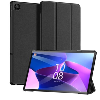 DUX DUCIS DOMO tablet védőtok álló, bőr hatású (aktív flip, oldalra nyíló, Trifold asztali tartó funkció, textil minta), Fekete [Lenovo Tab M10+ Plus (TB128) LTE, Lenovo Tab M10+ Plus (TB125) WIFI]